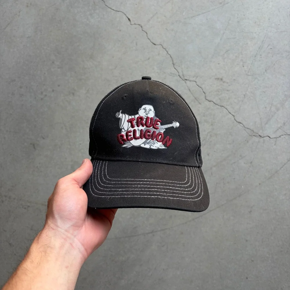 True Religion Black Buddha Logo Baseball Cap Contrast Stitch Strapback Hat